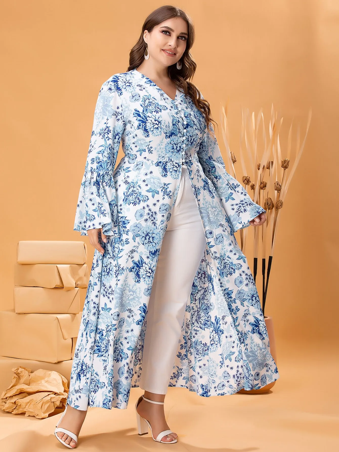 All Over Print Button Front Long Sleeve V Neck Long Plus Size Blouse