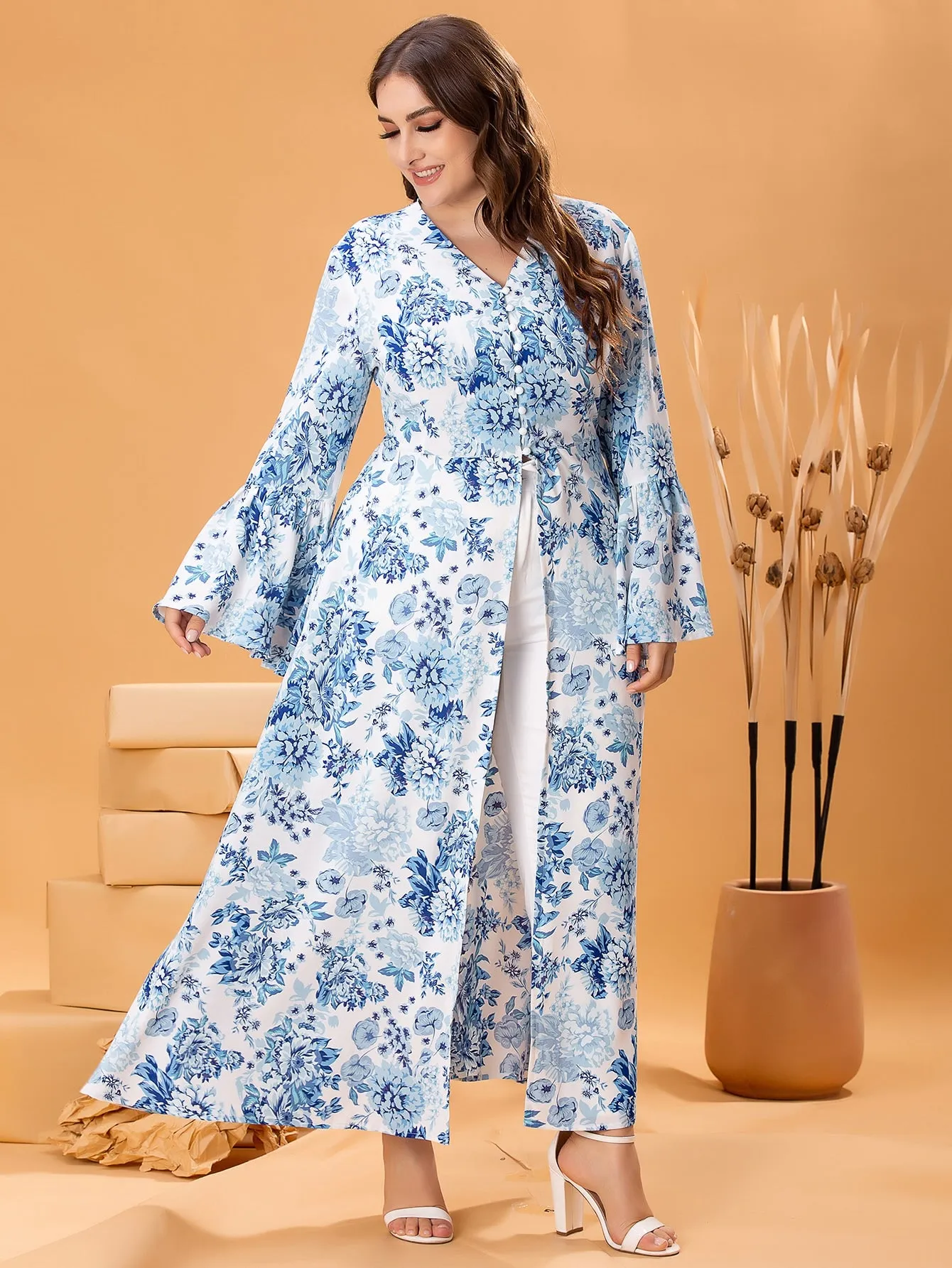 All Over Print Button Front Long Sleeve V Neck Long Plus Size Blouse