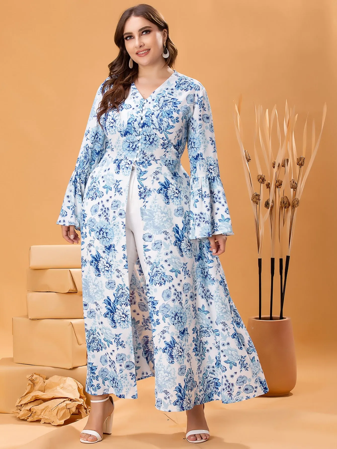 All Over Print Button Front Long Sleeve V Neck Long Plus Size Blouse