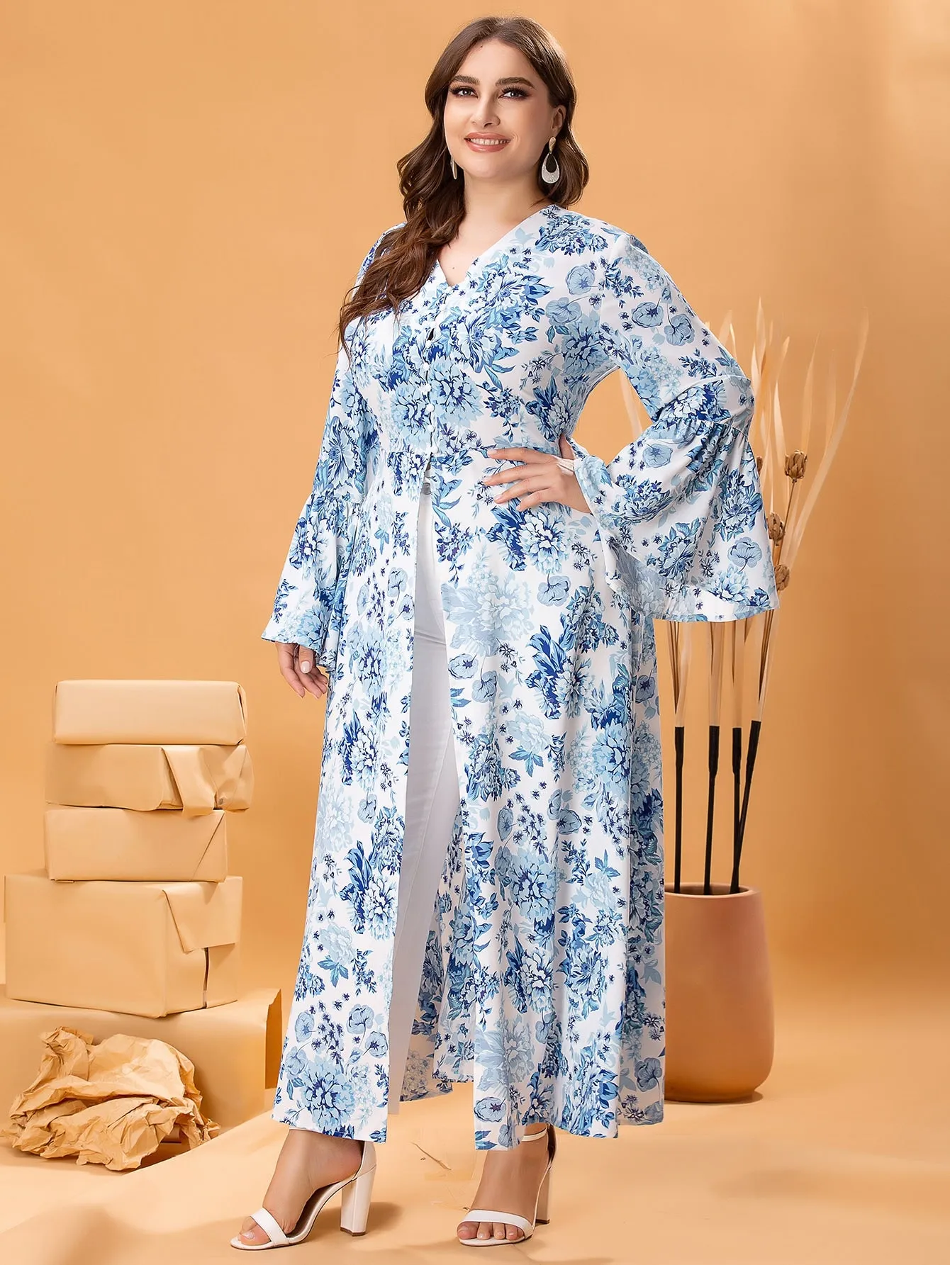 All Over Print Button Front Long Sleeve V Neck Long Plus Size Blouse