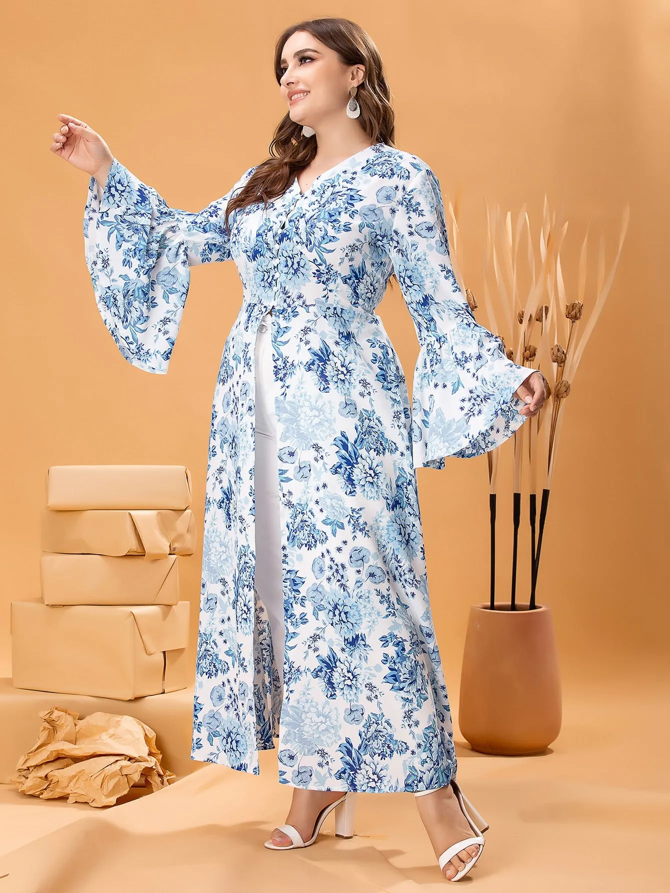 All Over Print Button Front Long Sleeve V Neck Long Plus Size Blouse