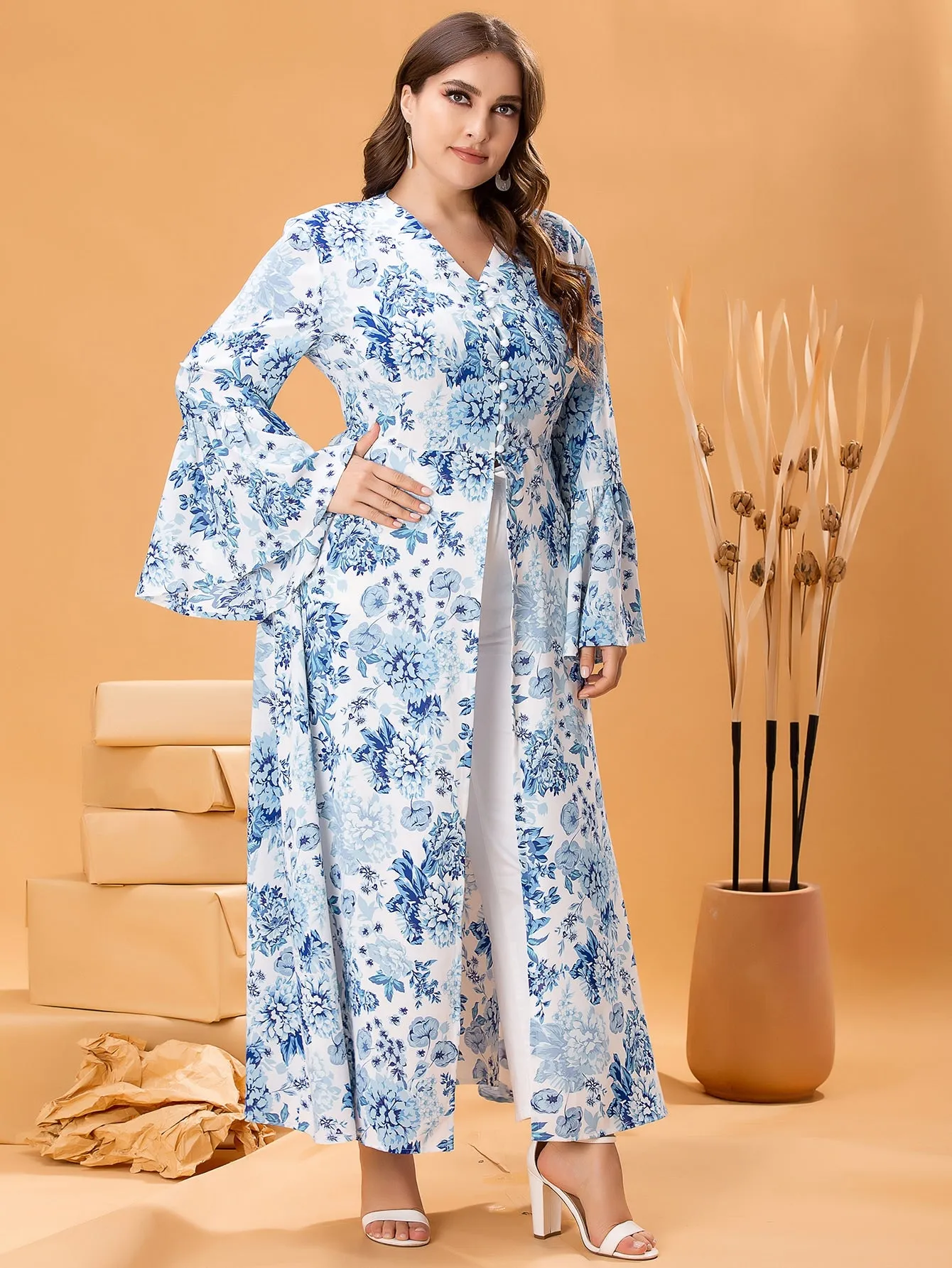 All Over Print Button Front Long Sleeve V Neck Long Plus Size Blouse