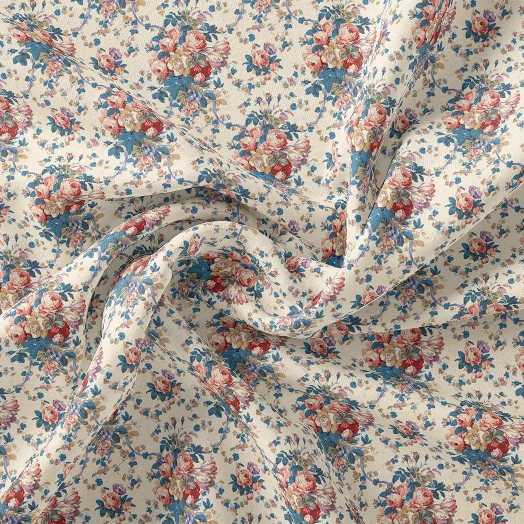 Beautiful Ditsy Flowers On Blue Digital Printed Fabric - Rayon