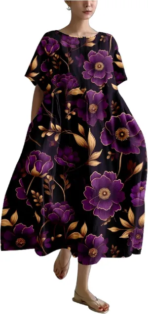 Bengbobar Boho Dresses for Women Flroal Maxi Dress Flowy Crew Neck Beach Art Dress Crewneck Linen Casua Summer Dresses