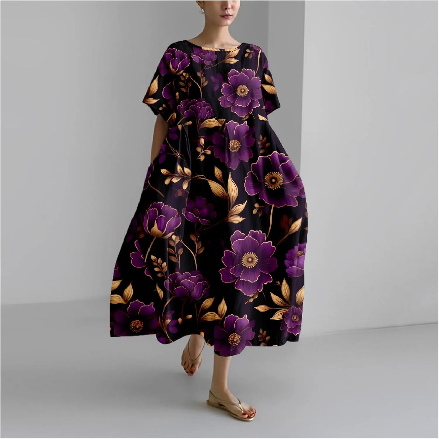 Bengbobar Boho Dresses for Women Flroal Maxi Dress Flowy Crew Neck Beach Art Dress Crewneck Linen Casua Summer Dresses