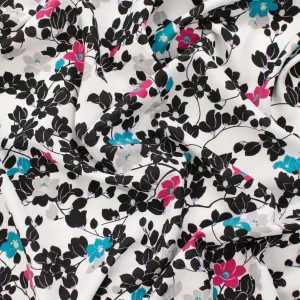 Black & Pink Floral Vines on White Printed Linen Look Crepe