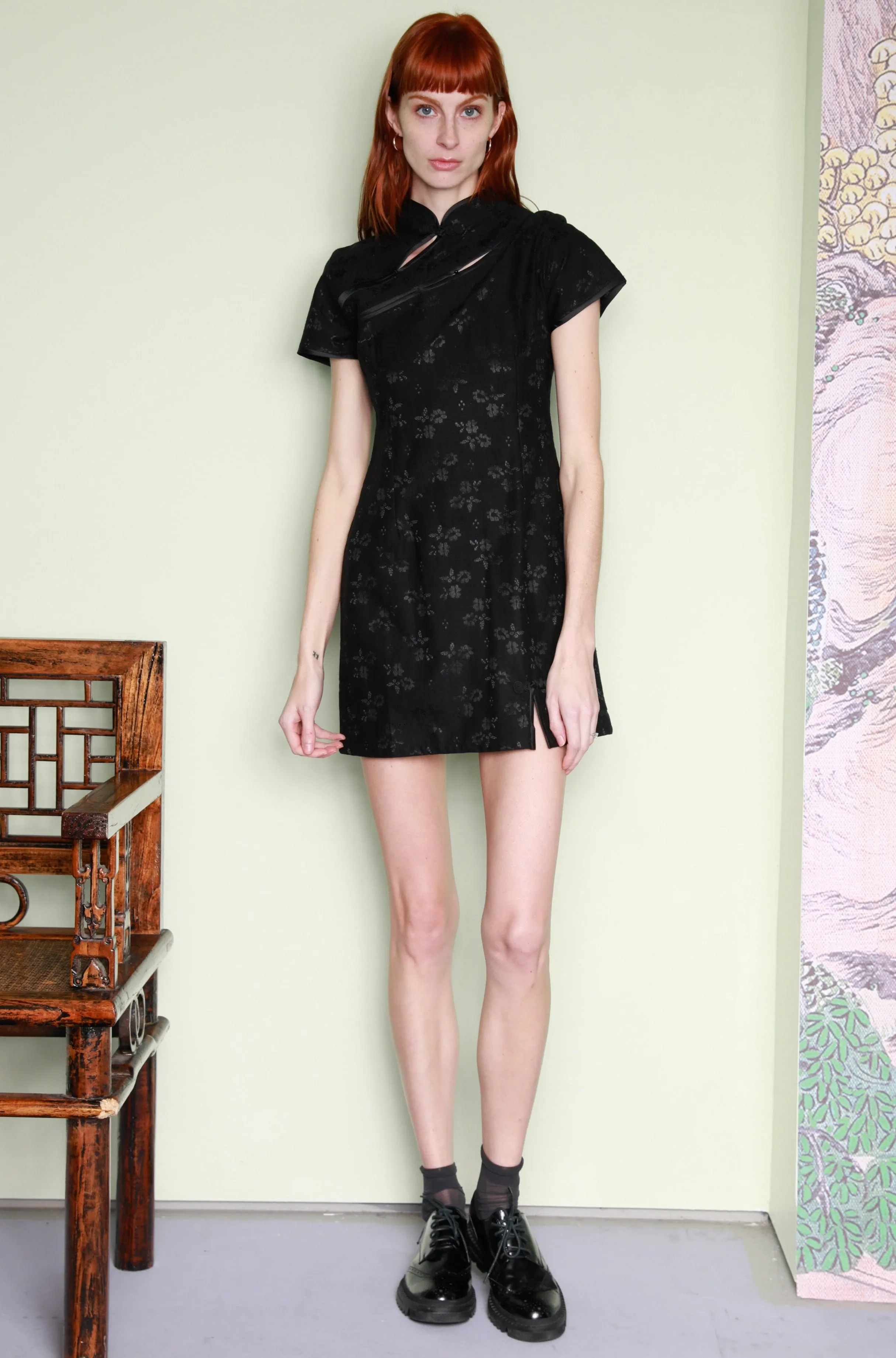 Black Qipao Cotton Mini Dress