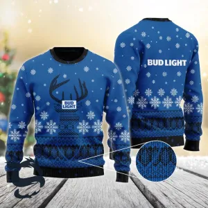 Blue Bud Light Reindeer Snowy Christmas Sweater