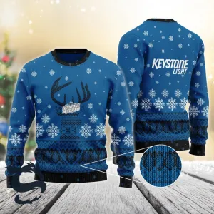 Blue Keystone Light Reindeer Snowy Christmas Sweater