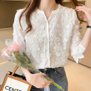 Bonnyshow Summer Tops Lace Blouses Women Embroidery Floral Cotton White Shirt Fashion Casual Short Sleeve Women's Shirts Blusas 9638