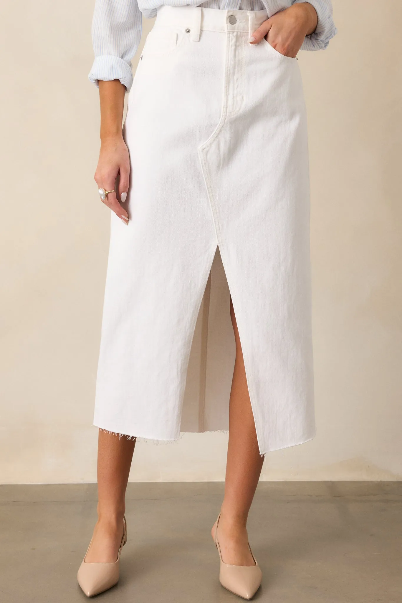 Bright Mornings White Denim Midi Skirt