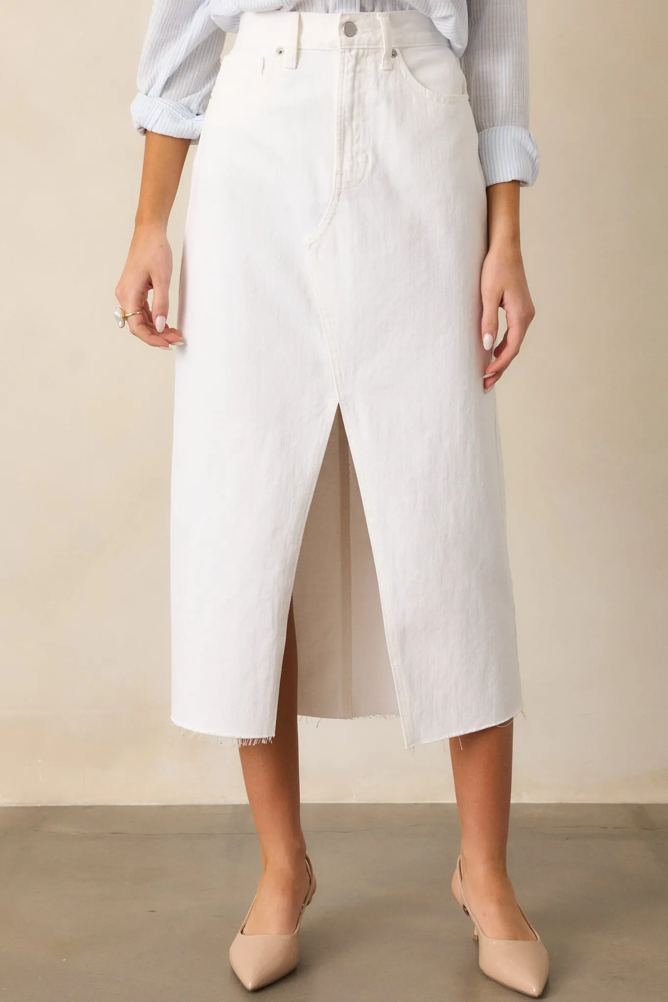 Bright Mornings White Denim Midi Skirt