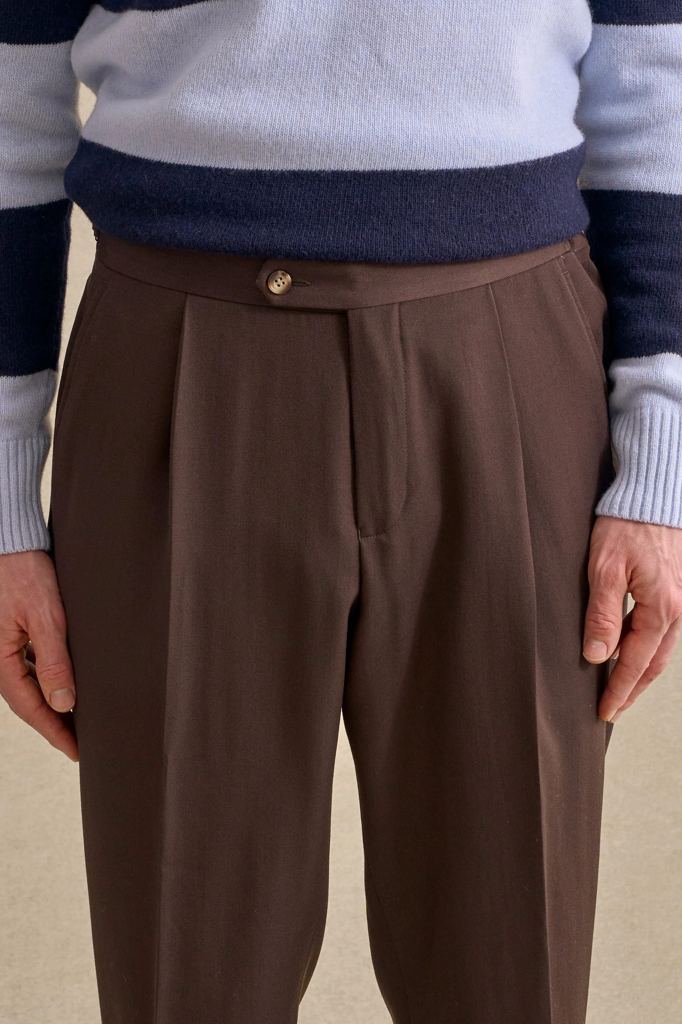 Brown Single Pleat Gabardine Trousers