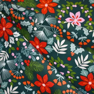 Christmas Time Joy Floral Collage Cotton Evergreen