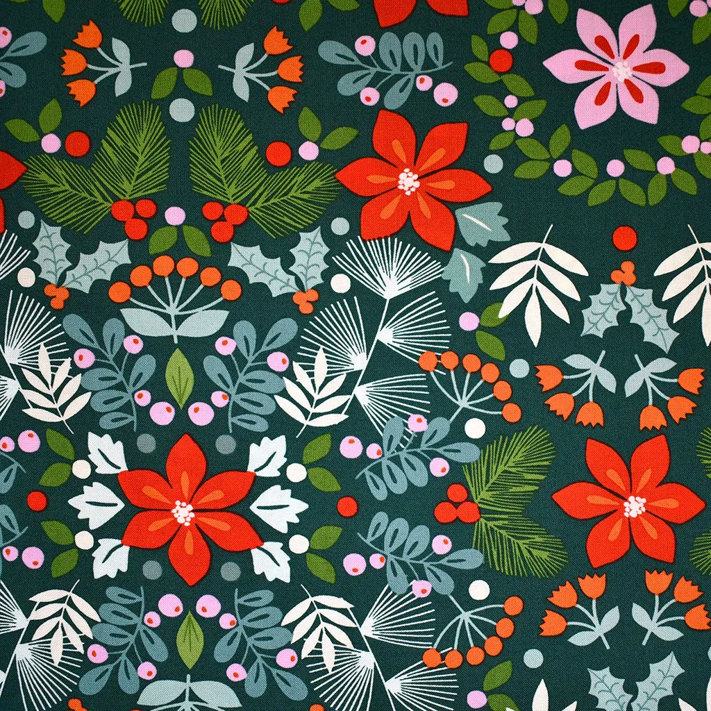 Christmas Time Joy Floral Collage Cotton Evergreen