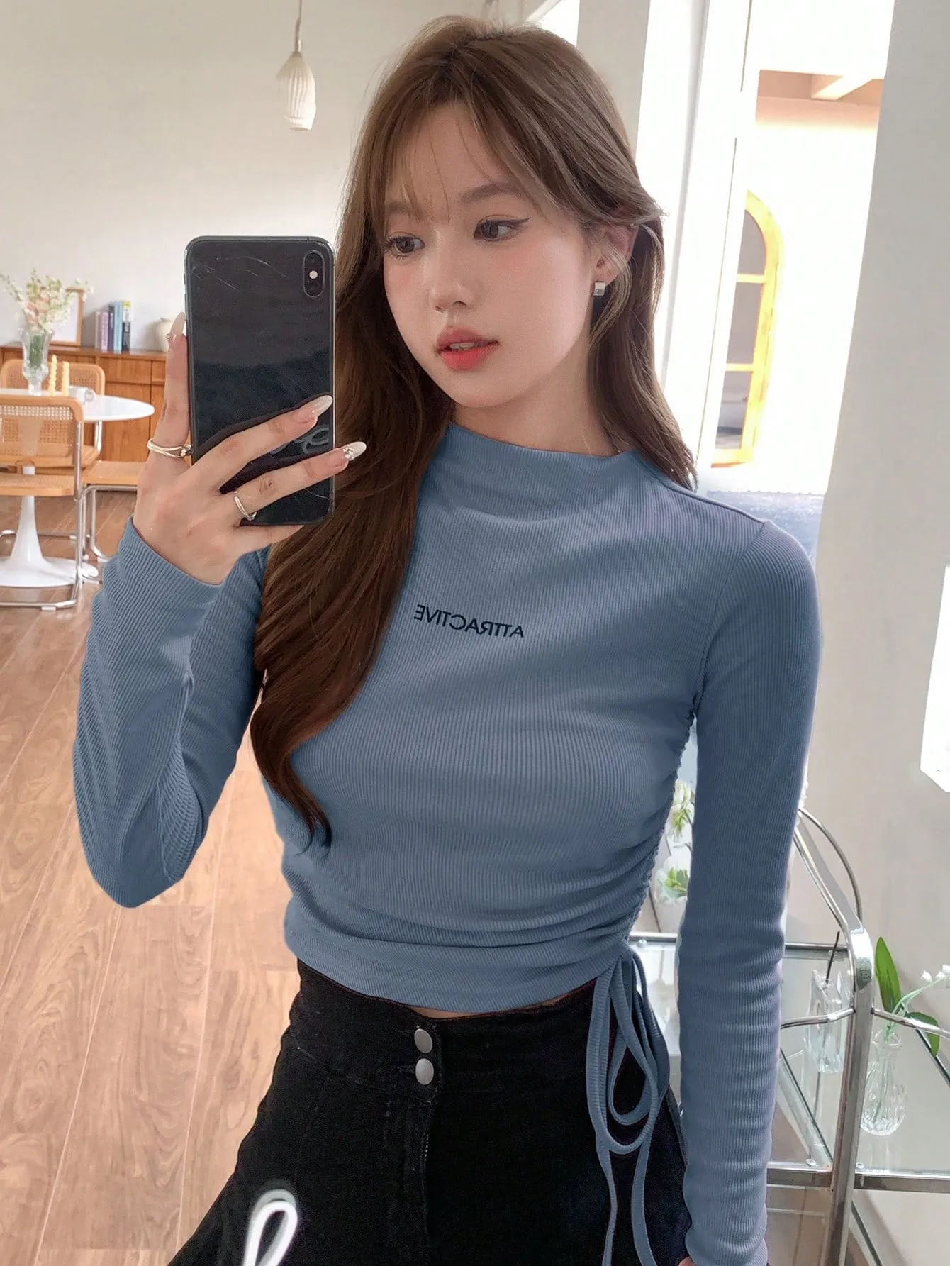 DAZY Ladies' Letter Print Drawstring Hem T-Shirt