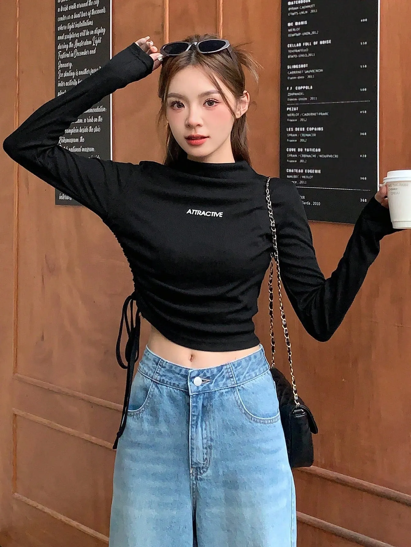 DAZY Ladies' Letter Print Drawstring Hem T-Shirt