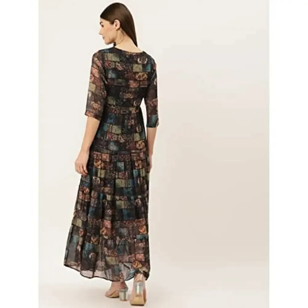 Deewa Women's Polyester Digital Print Maxi Dress(Multicolor)
