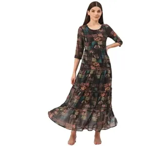 Deewa Women's Polyester Digital Print Maxi Dress(Multicolor)