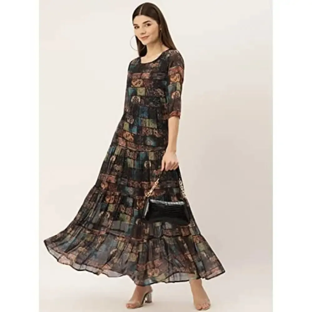 Deewa Women's Polyester Digital Print Maxi Dress(Multicolor)