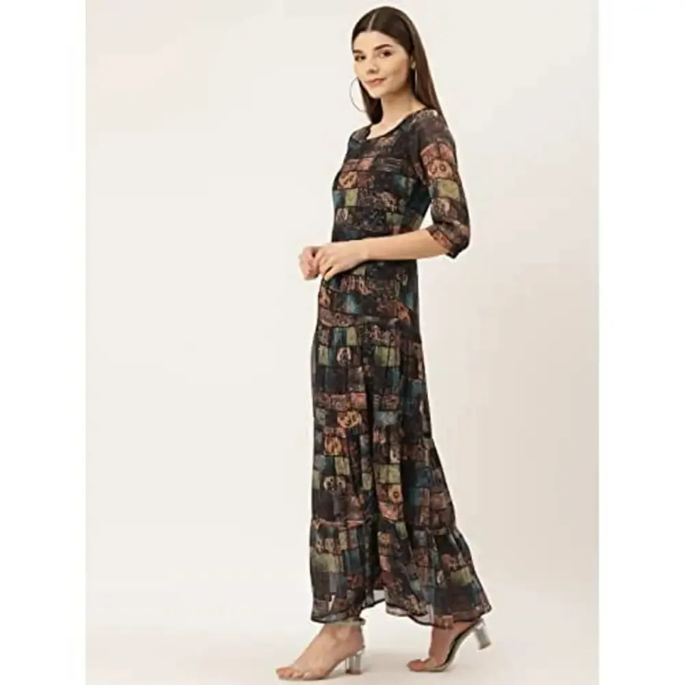Deewa Women's Polyester Digital Print Maxi Dress(Multicolor)