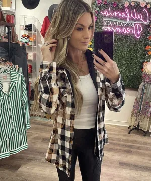 Distressed Flannel Hoodie Tan