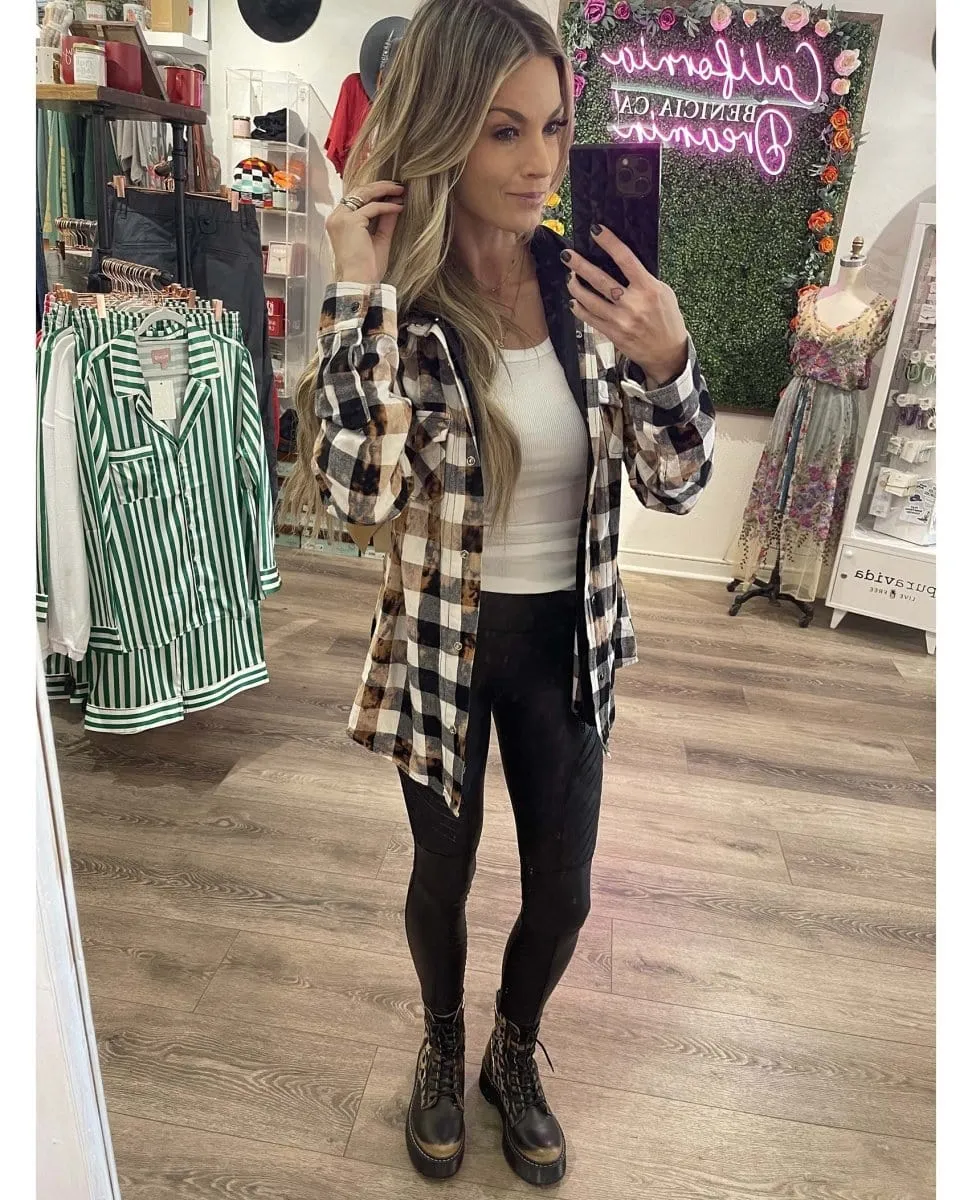 Distressed Flannel Hoodie Tan