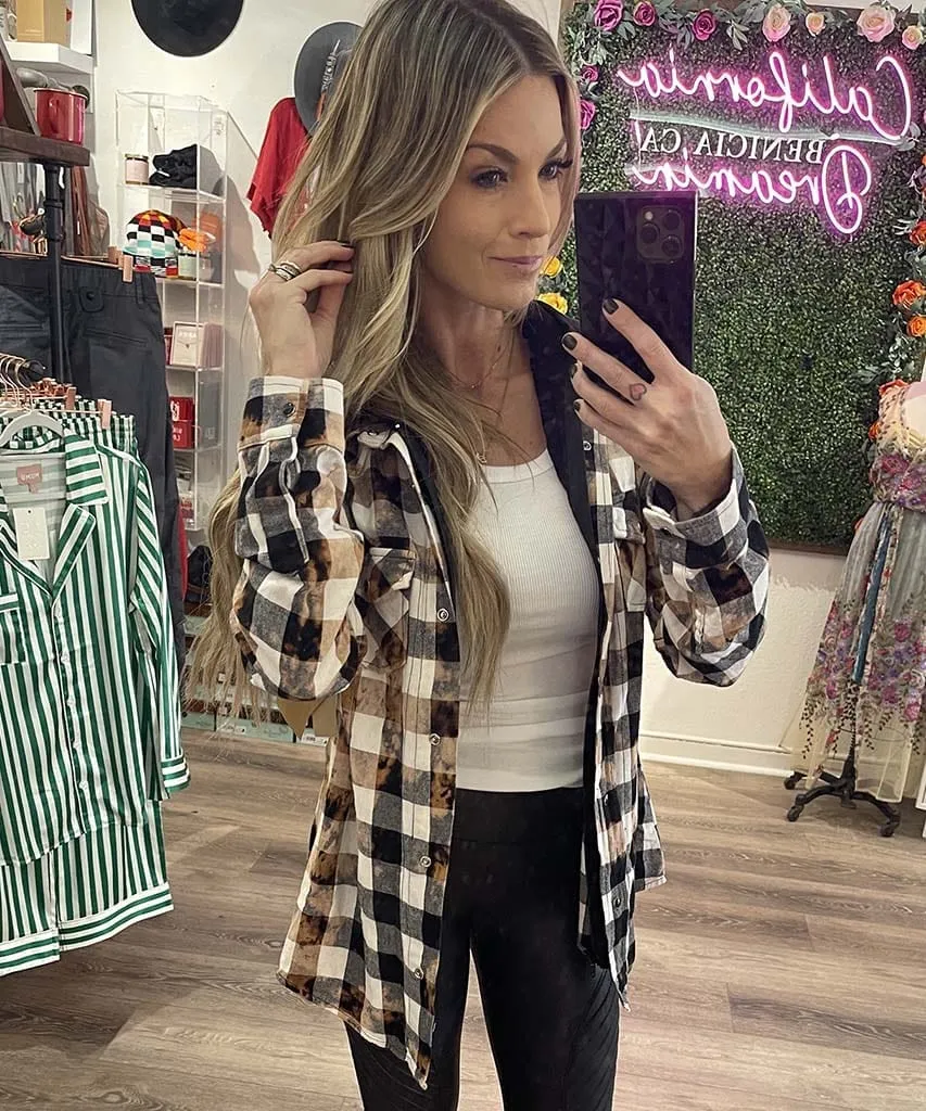 Distressed Flannel Hoodie Tan