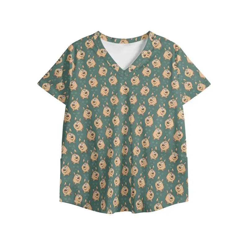 Dog Print V Neck Scrub Top in Breathable Machine Washable Fabric
