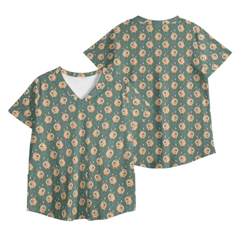 Dog Print V Neck Scrub Top in Breathable Machine Washable Fabric