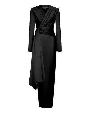 Draped satin maxi dress with voluminous shoulders