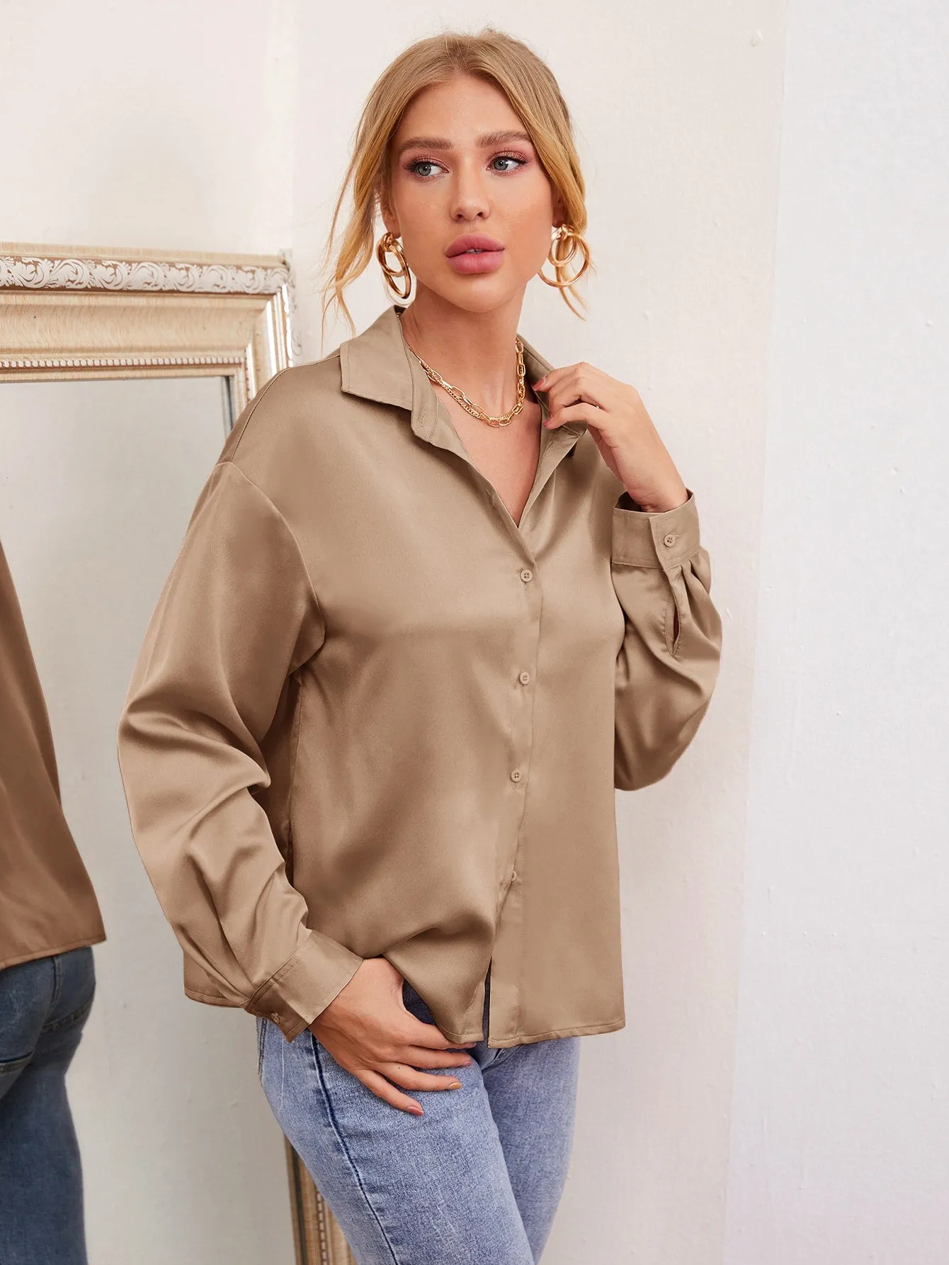 Drop Shoulder Button Front Satin Blouse