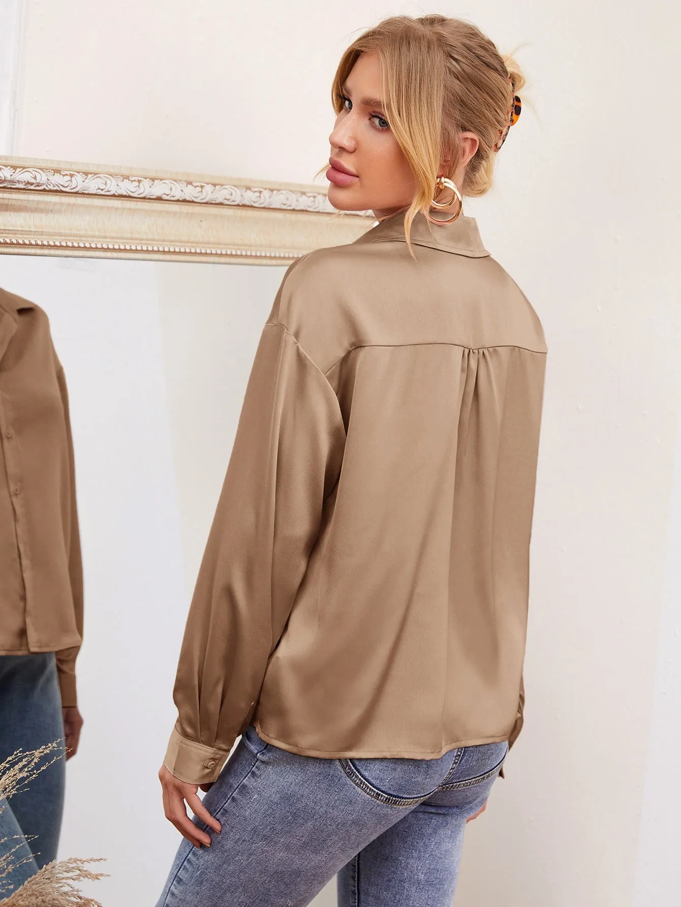 Drop Shoulder Button Front Satin Blouse