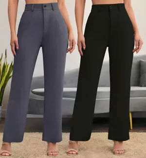 Elegant Grey & Black Lycra Solid Trousers Combo For Women