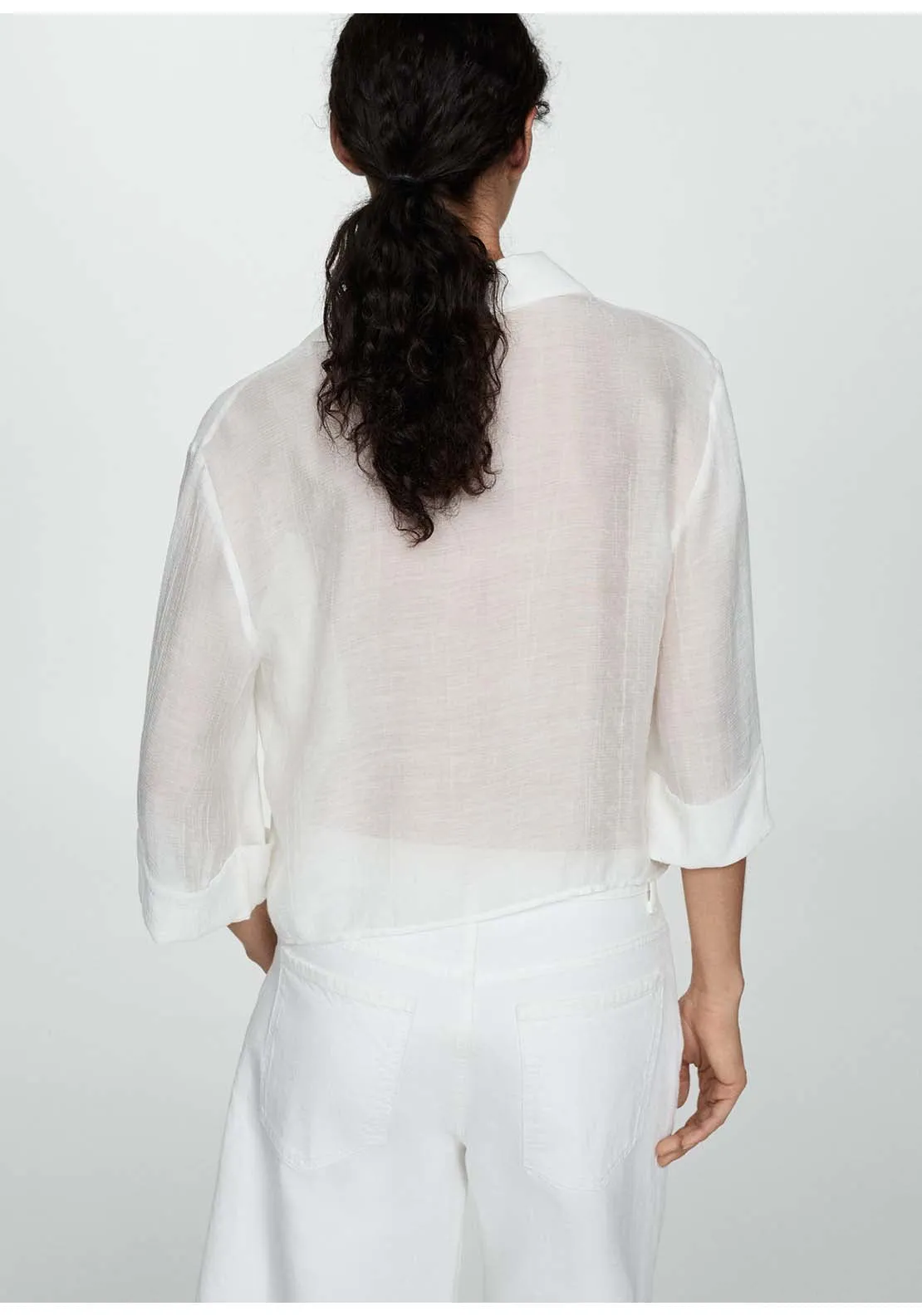 Flared-sleeve blouse with bow - Beige