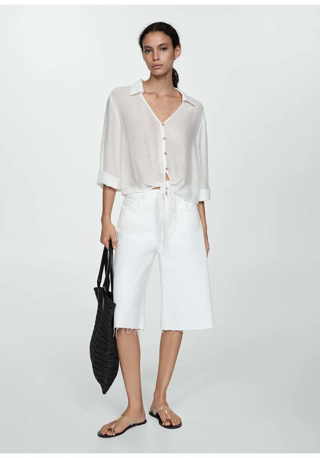 Flared-sleeve blouse with bow - Beige