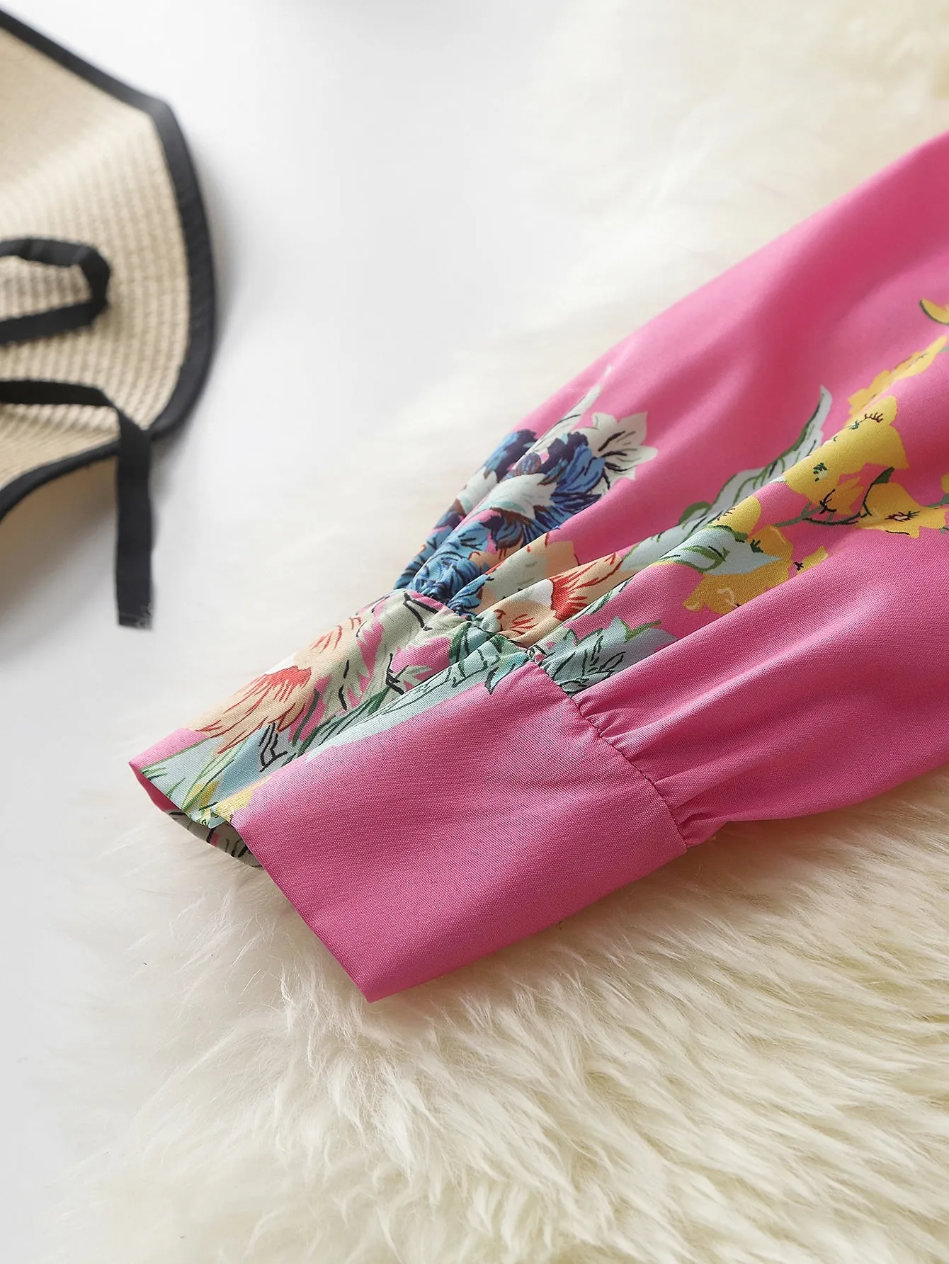 Floral Button Front Long Sleeve Collar Long Plus Size Blouse