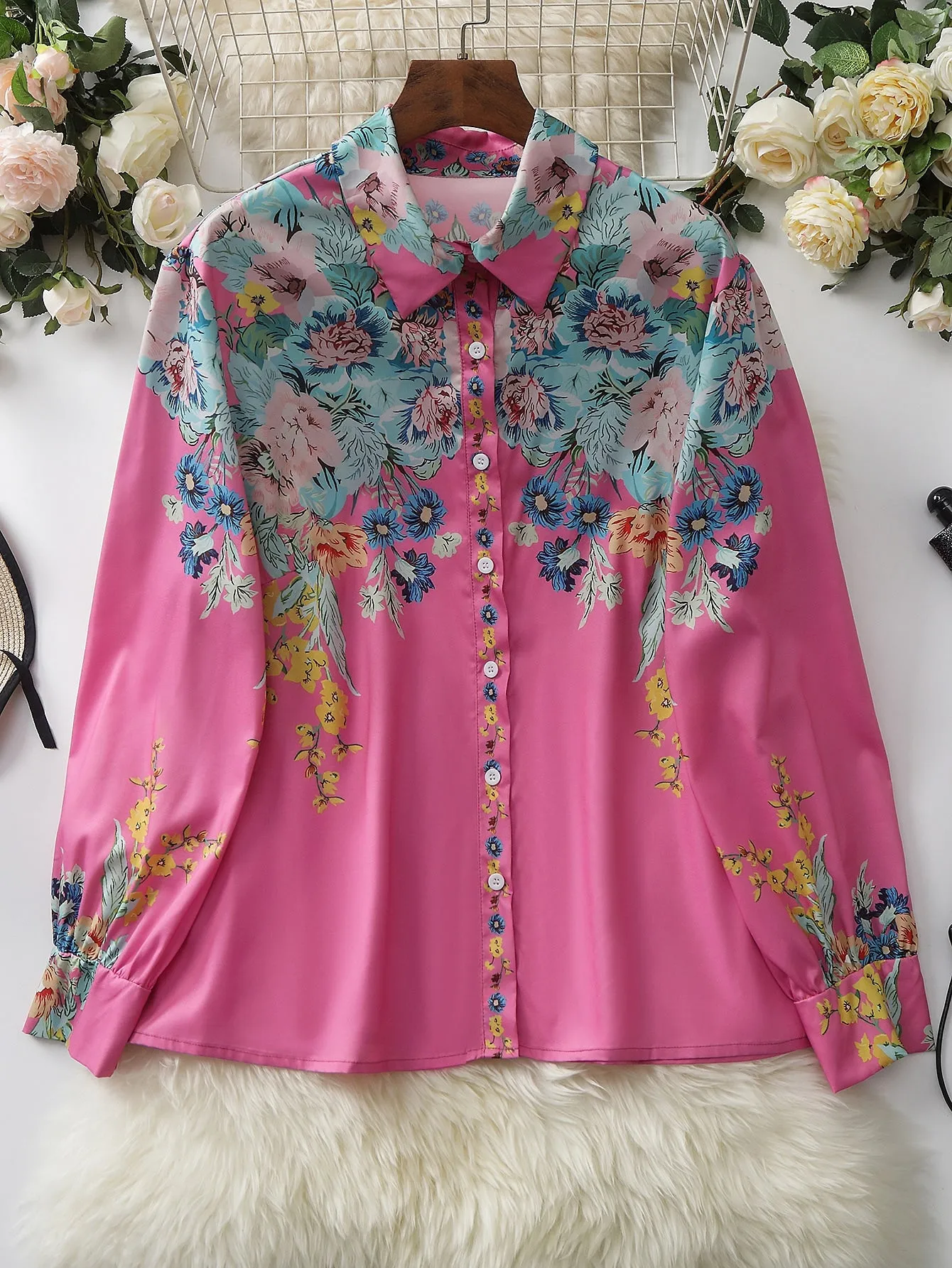 Floral Button Front Long Sleeve Collar Long Plus Size Blouse