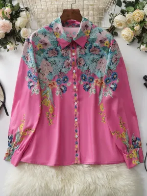 Floral Button Front Long Sleeve Collar Long Plus Size Blouse
