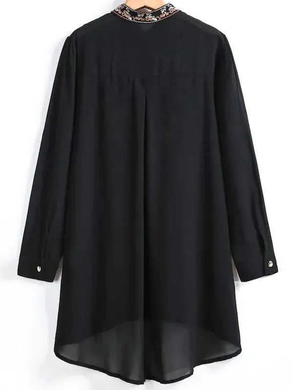 Floral High Low Long Sleeve Stand Collar Long Plus Size Blouse