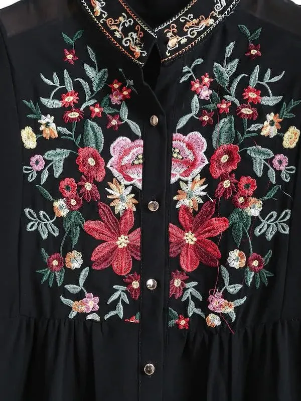 Floral High Low Long Sleeve Stand Collar Long Plus Size Blouse