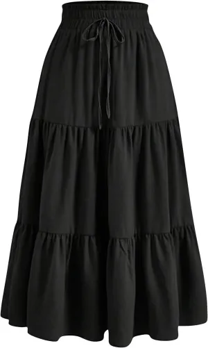 Floral Maxi Skirt for Women Summer Boho Tiered A Line Skirts Flowy Long High Waisted Ruffle Beach Vacation Skirts