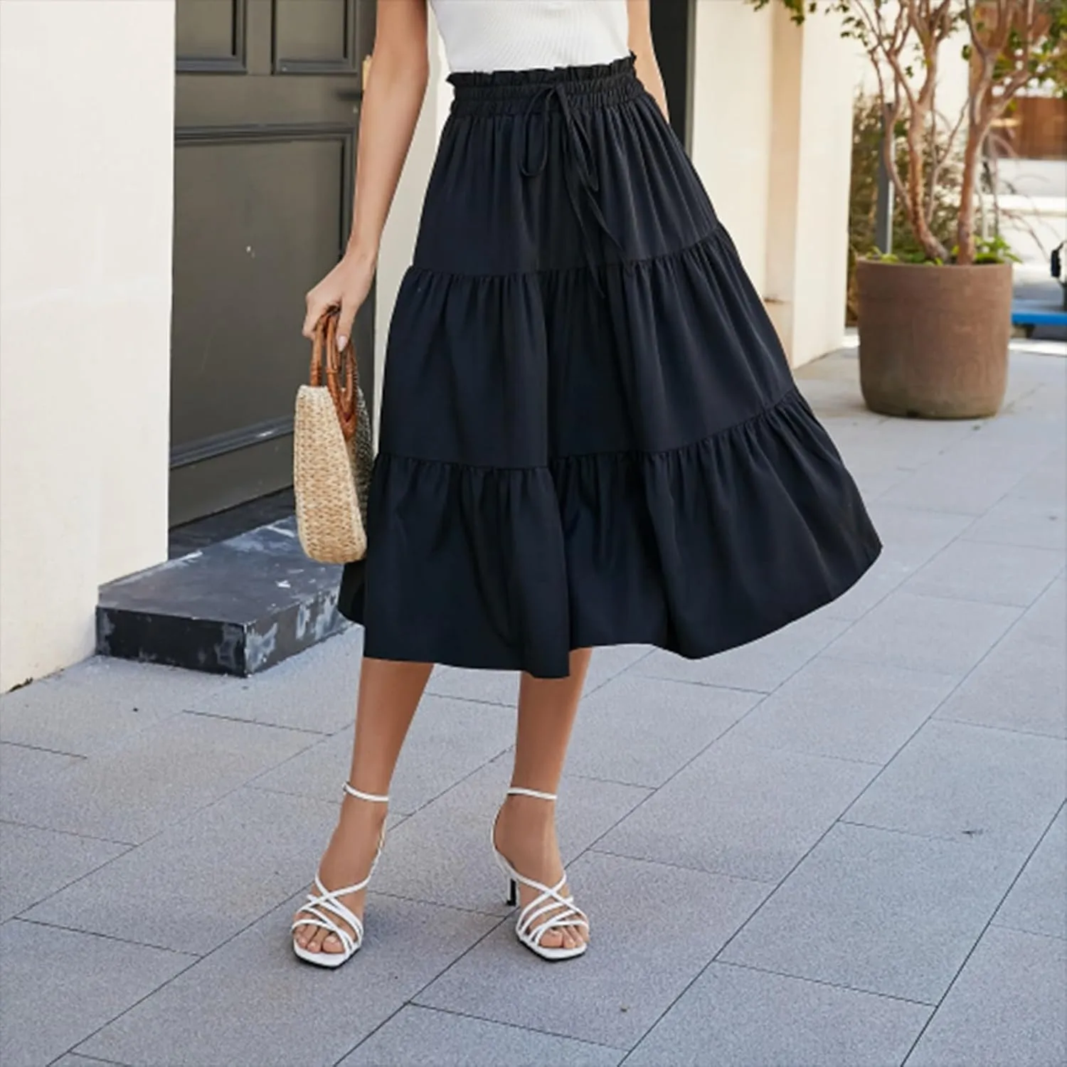 Floral Maxi Skirt for Women Summer Boho Tiered A Line Skirts Flowy Long High Waisted Ruffle Beach Vacation Skirts
