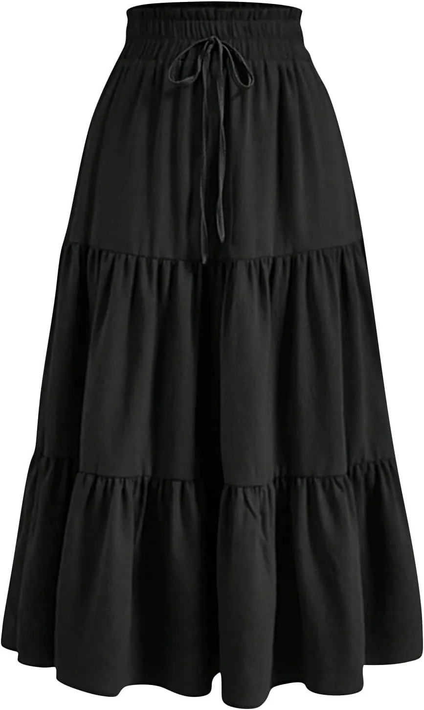 Floral Maxi Skirt for Women Summer Boho Tiered A Line Skirts Flowy Long High Waisted Ruffle Beach Vacation Skirts
