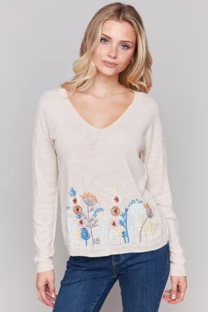 FLOWERS BORDER FLORAL V-NECK TOP