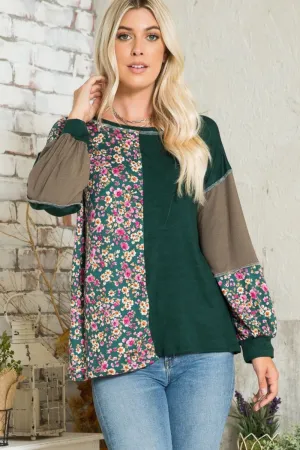 Full Size Floral Color Block Exposed Seam T-Shirt