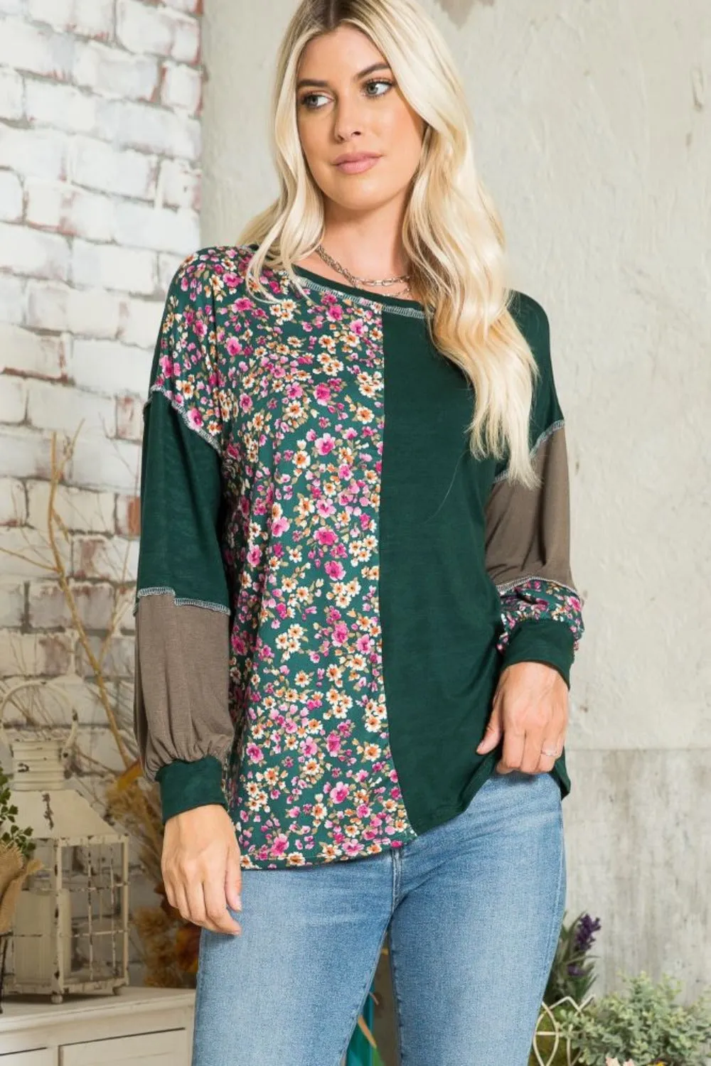 Full Size Floral Color Block Exposed Seam T-Shirt