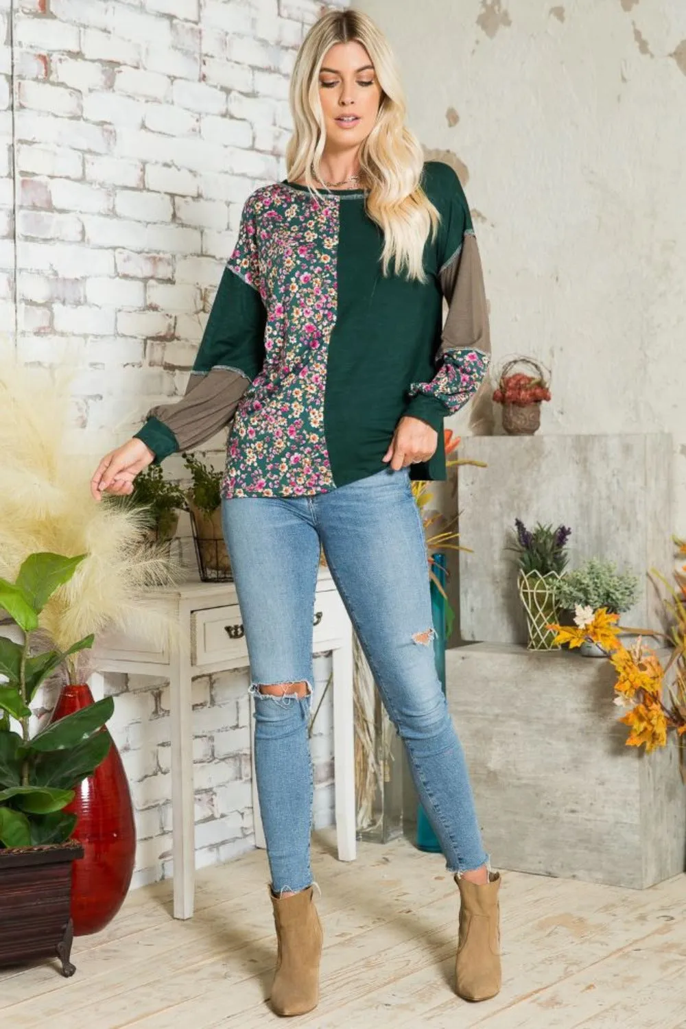 Full Size Floral Color Block Exposed Seam T-Shirt