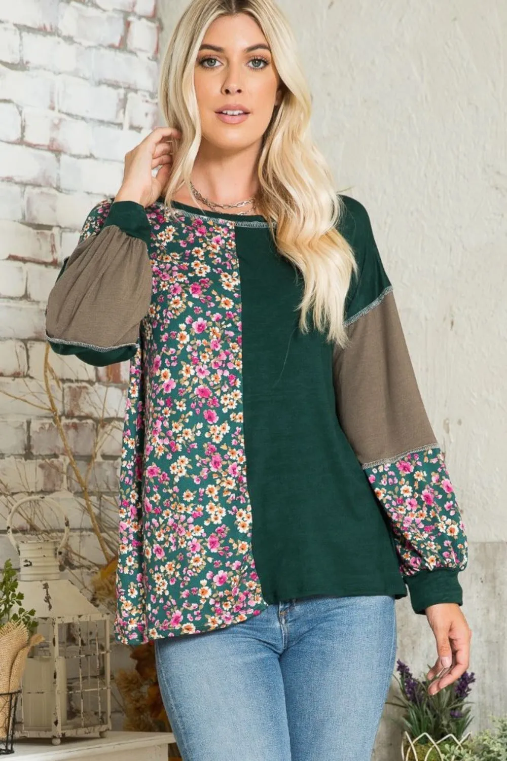 Full Size Floral Color Block Exposed Seam T-Shirt