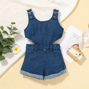Girls Stylish Solid Denim Playsuit